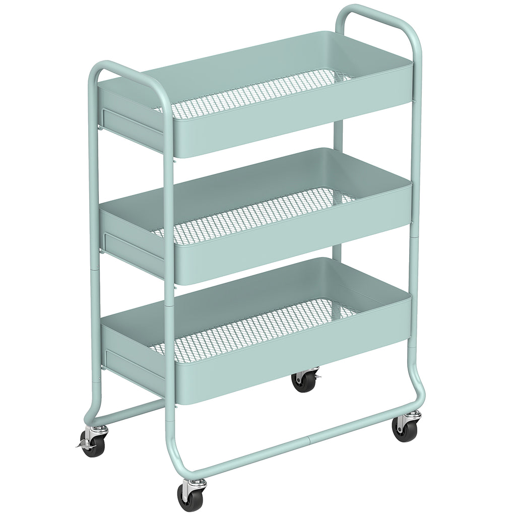 HOMCOM 3-Tier Storage Trolley on Wheels with Mesh Baskets - Light Green