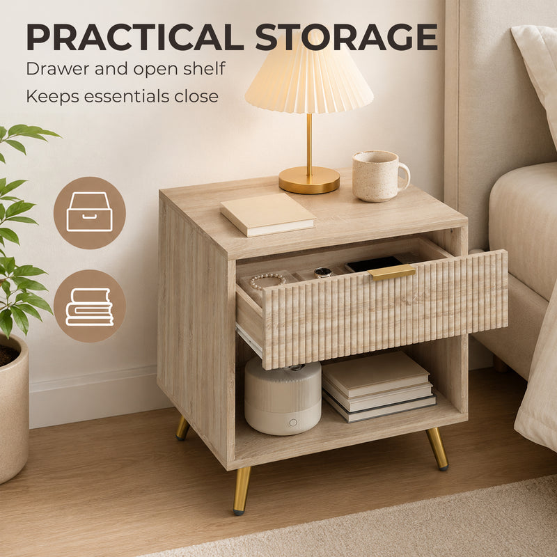 HOMCOM Bedside Table with Drawer and Open Compartment, Nightstand with Handle for Bedroom, Living Room, Natural Wood – view 5