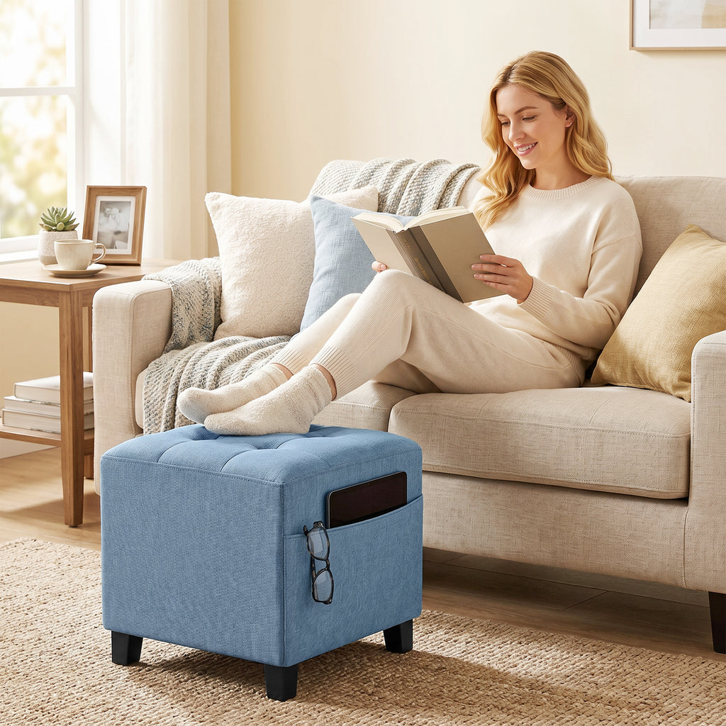 Small Ottoman, Square Footstool with Side Pocket, Rubber Wood Legs and Padded Seat for Living Room, Dark Blue