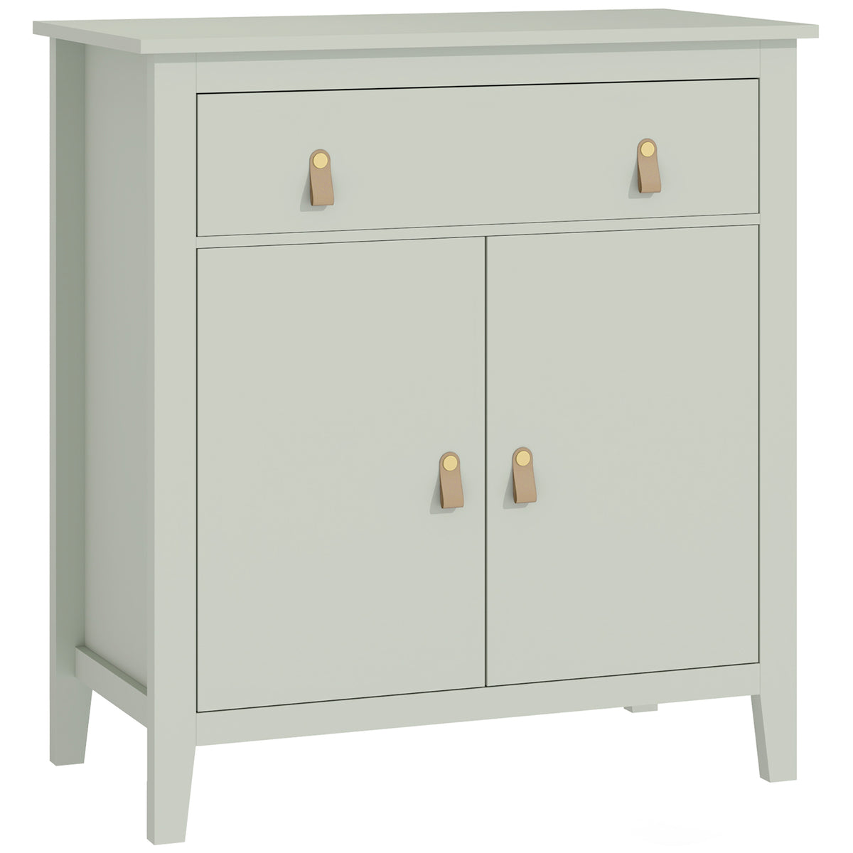 Light green farmhouse sideboard with wood-effect top, drawer, cupboard and faux leather handles