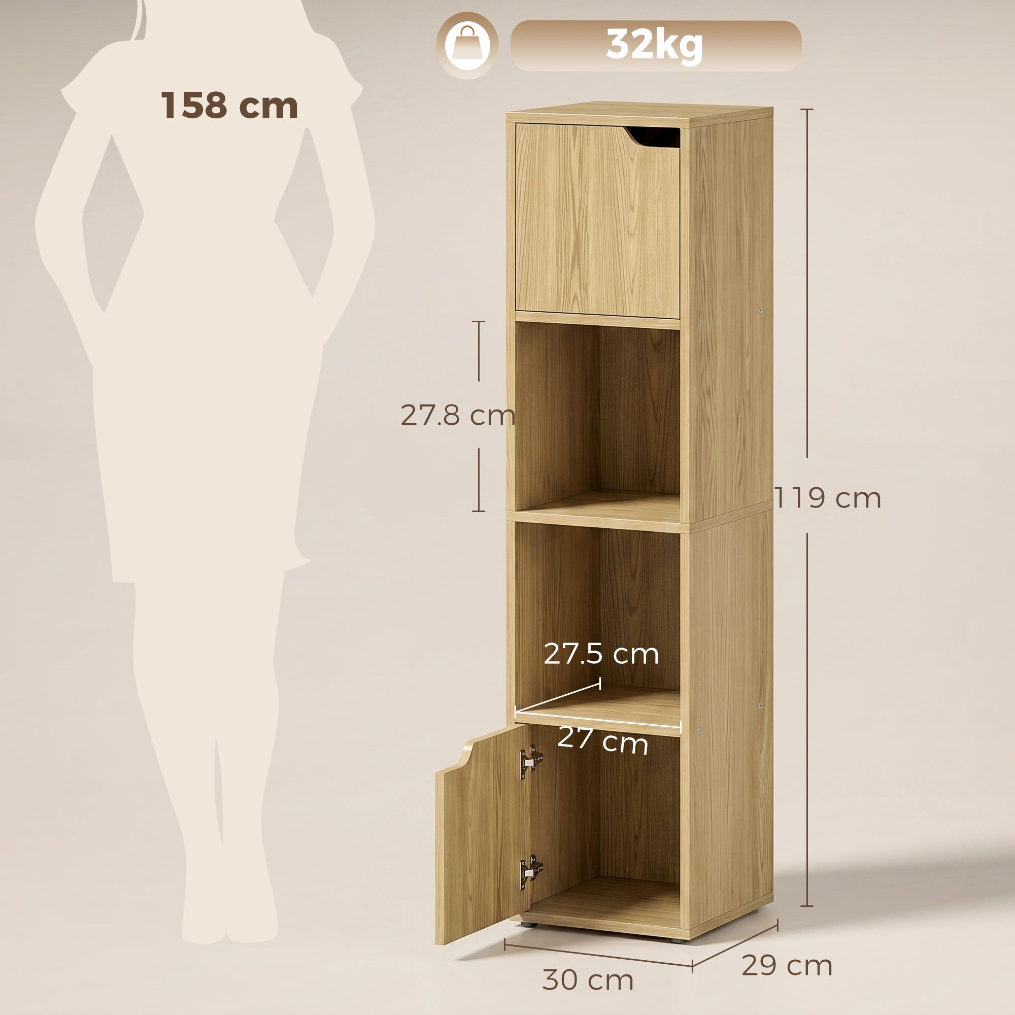 Narrow Bookcase, 4-Tier Bookshelf, Storage Cabinet with doors for Living Room, Bedroom, Oak