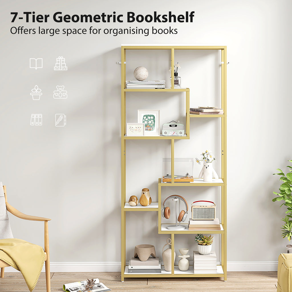 Seven-Tier Geometric Bookcase - White/Gold Tone