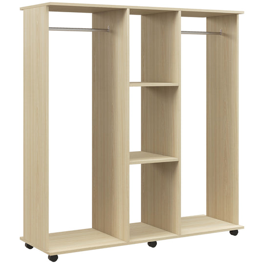Natural wood-effect 120 cm double open wardrobe with two hanging rails, centre shelves and wheels