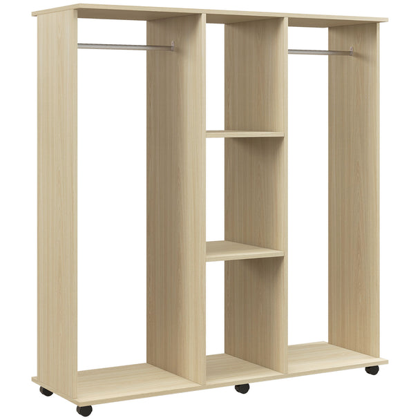 Natural wood-effect 120 cm double open wardrobe with two hanging rails, centre shelves and wheels