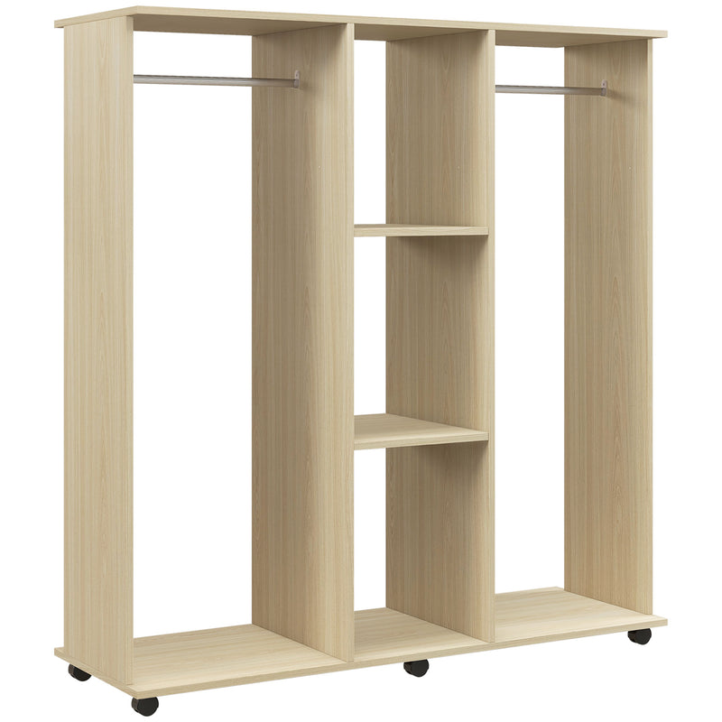 Natural wood-effect 120 cm double open wardrobe with two hanging rails, centre shelves and wheels