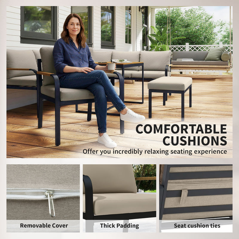 Outsunny 7 Seater Garden Furniture Set, Metal Garden Sofa Set with Cushions, Outdoor Furniture Conversation Sets, Khaki – view 6