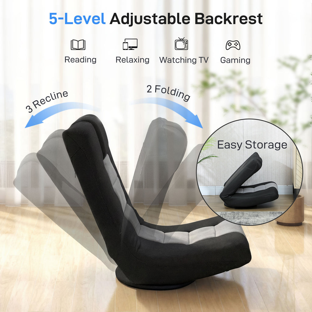 Floor Chair, Folding Floor Sofa with Adjustable Backrest, Wide Seat, Swivel Base, Black