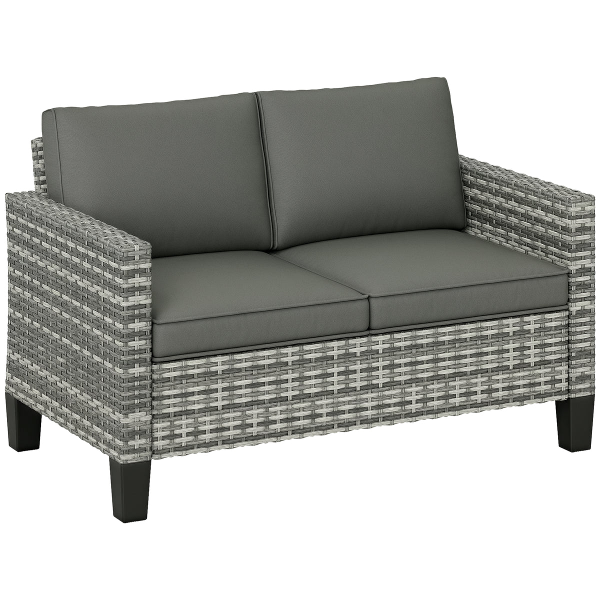 Two-seater grey rattan garden sofa with thick padded cushions