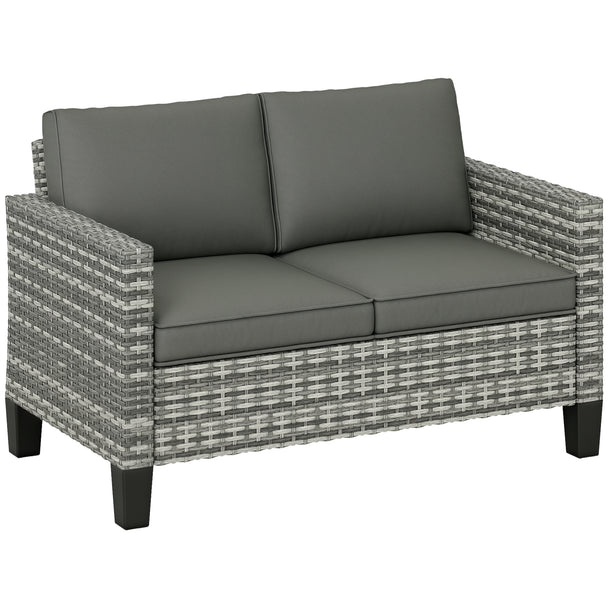 Two-seater grey rattan garden sofa with thick padded cushions