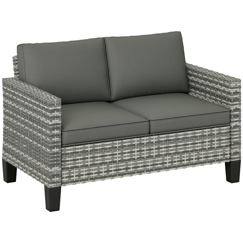 Two-seater grey rattan garden sofa with thick padded cushions