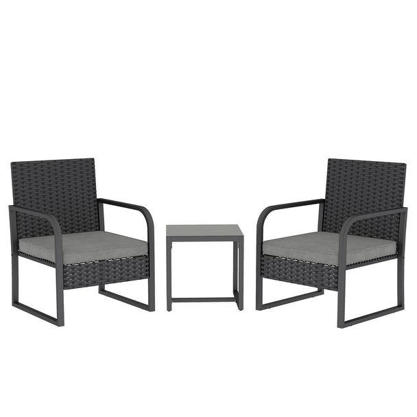 3-piece black rattan bistro set with two dark grey cushioned armchairs and a square glass top table