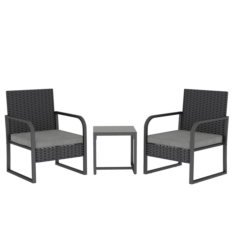 3-piece black rattan bistro set with two dark grey cushioned armchairs and a square glass top table