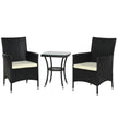 Black PE rattan 3-piece bistro set with two cushioned armchairs and a two-tier glass-top coffee table