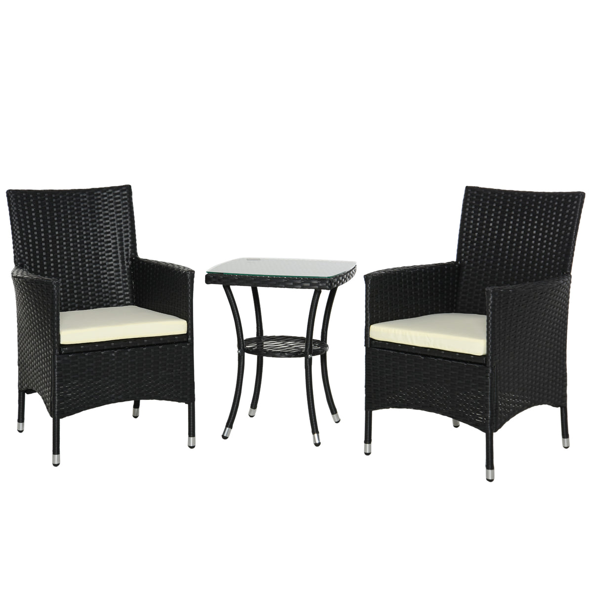 Black PE rattan 3-piece bistro set with two cushioned armchairs and a two-tier glass-top coffee table