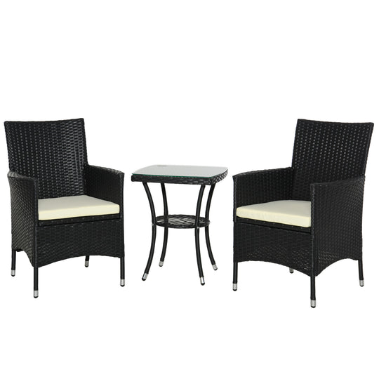 Black PE rattan 3-piece bistro set with two cushioned armchairs and a two-tier glass-top coffee table