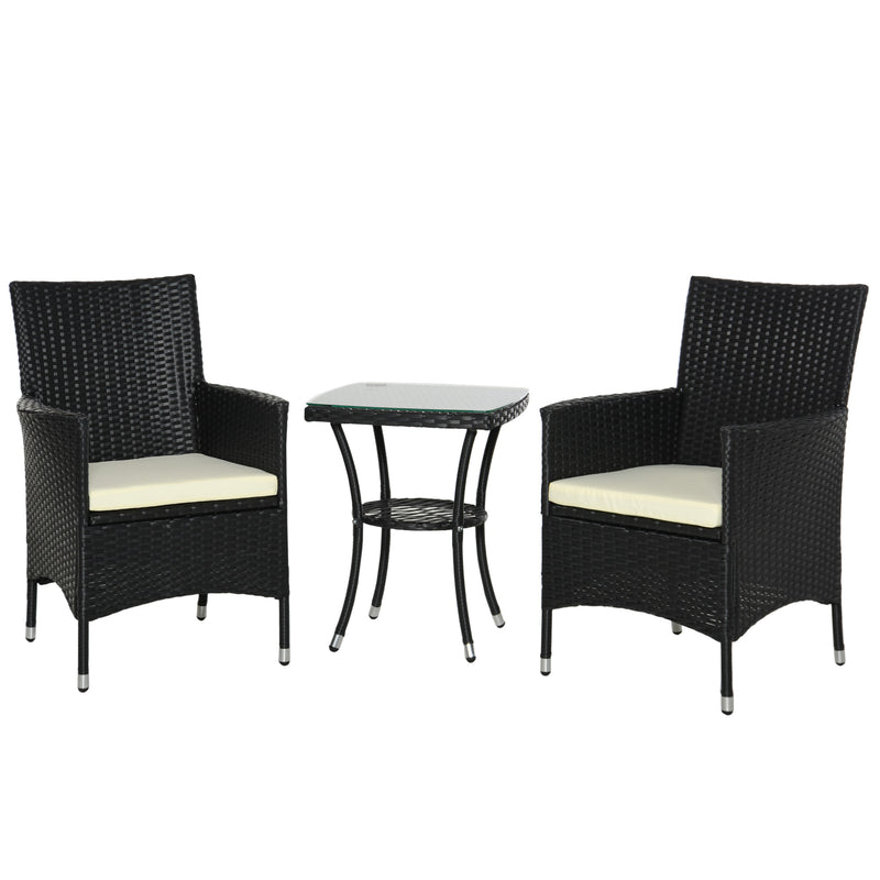 Black PE rattan 3-piece bistro set with two cushioned armchairs and a two-tier glass-top coffee table