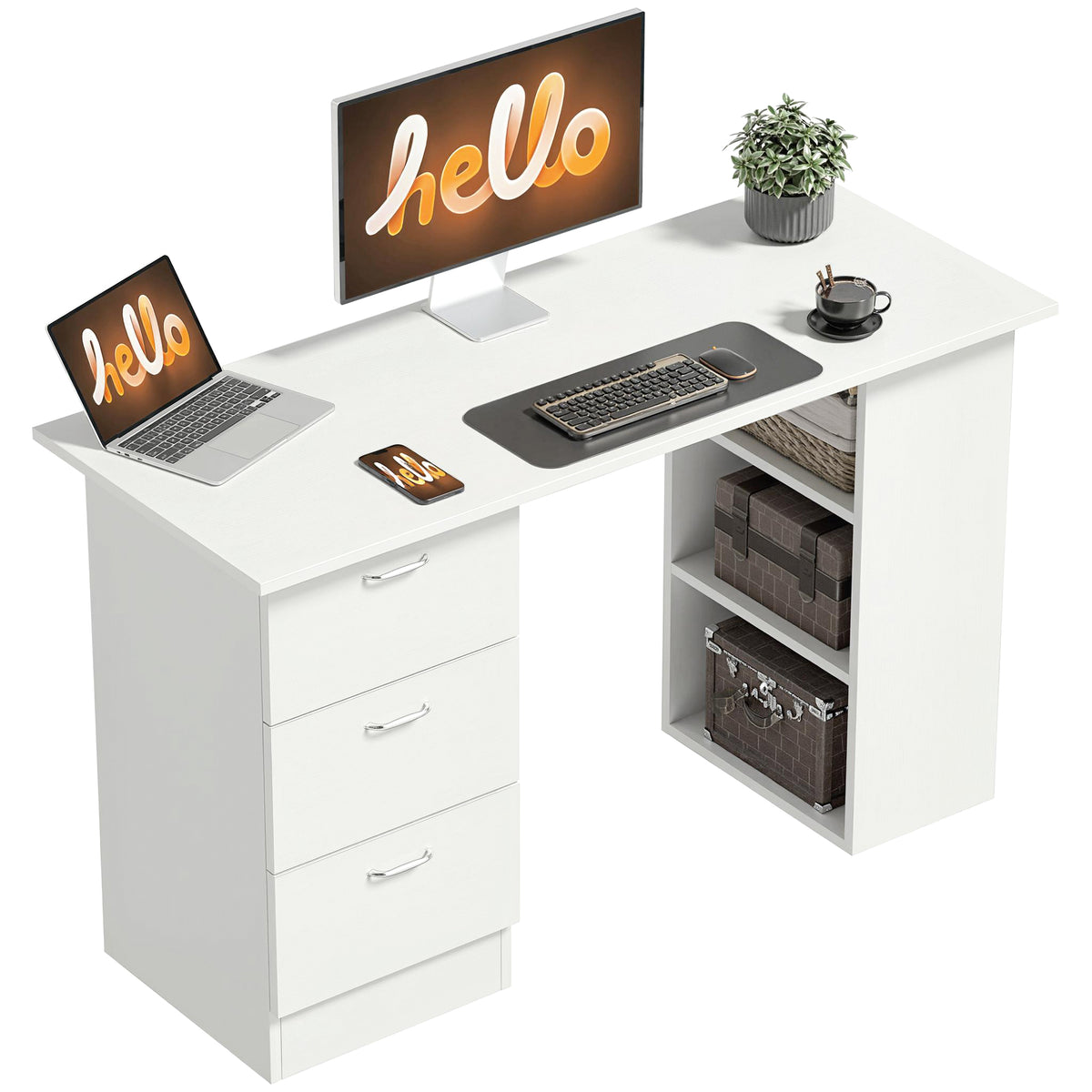 White 120 cm computer desk with three drawers and three open shelves
