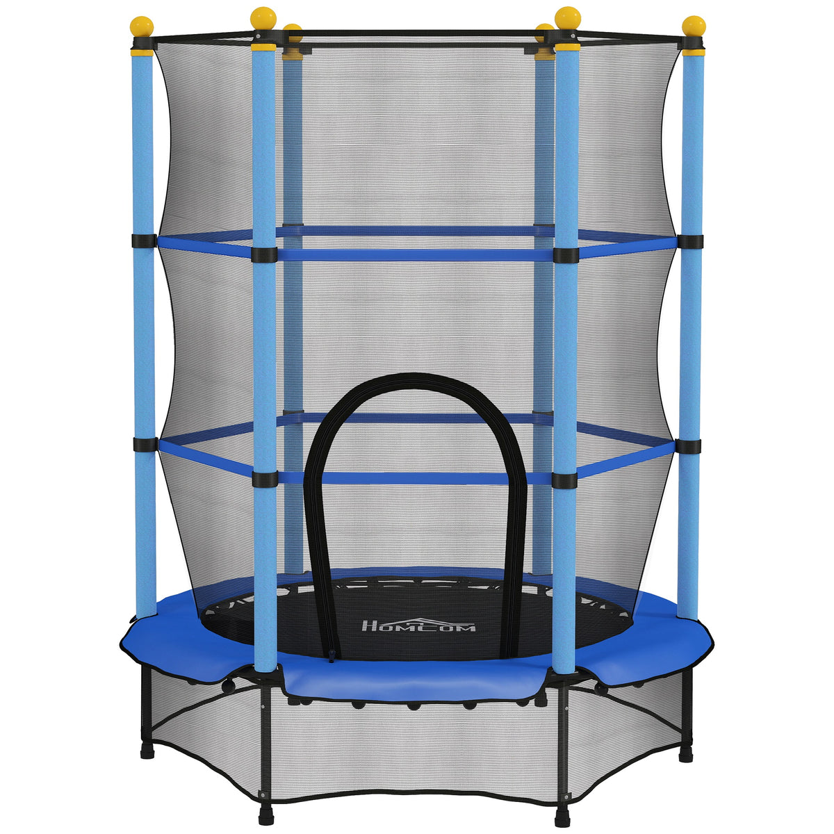 Blue 4.6ft kids trampoline with enclosure net, padded poles and zipped door