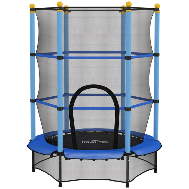 Blue 4.6ft kids trampoline with enclosure net, padded poles and zipped door