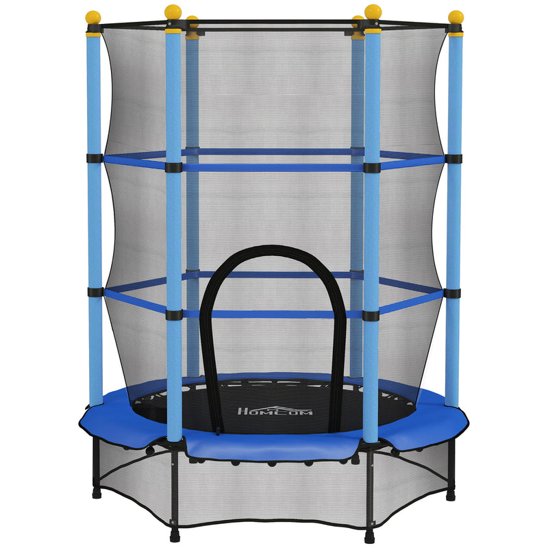 Blue 4.6ft kids trampoline with enclosure net, padded poles and zipped door