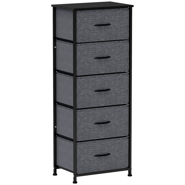 Dark grey tall 5-drawer fabric chest with wood-effect top