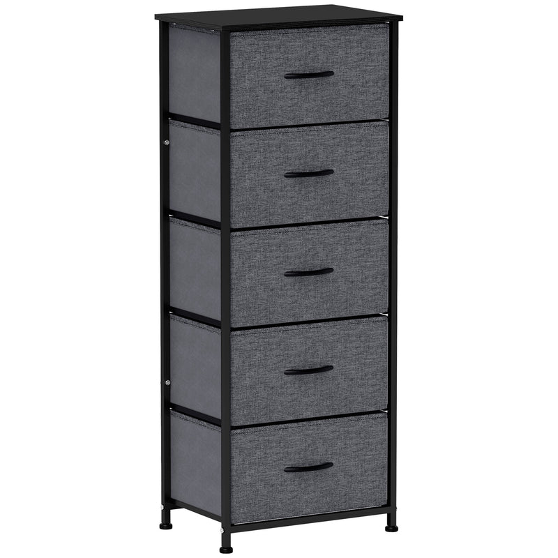 Dark grey tall 5-drawer fabric chest with wood-effect top
