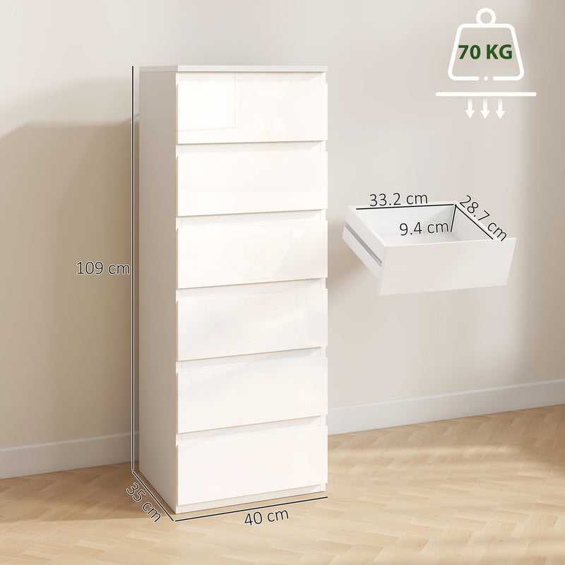 HOMCOM Chest of Drawers High Gloss Finish 6 Drawer Dresser Space Saving Slim Design Handle Free Drawers High-Gloss White – view 3
