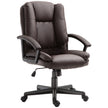 Brown faux leather mid-back office chair with padded seat, fixed armrests and five castor wheels