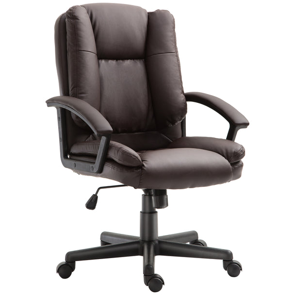 Brown faux leather mid-back office chair with padded seat, fixed armrests and five castor wheels