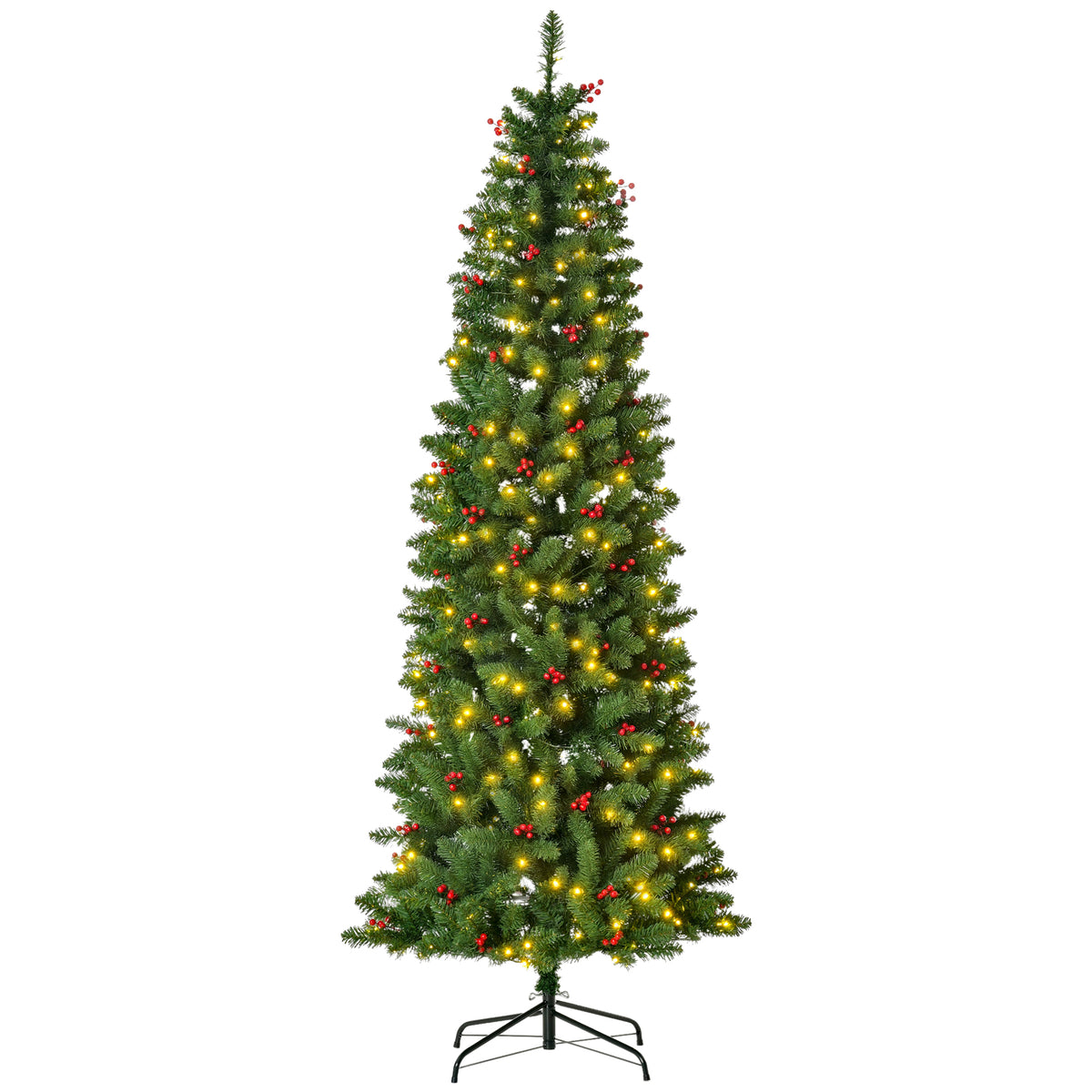 7ft slim pre-lit green pencil Christmas tree with warm white LEDs and red berries