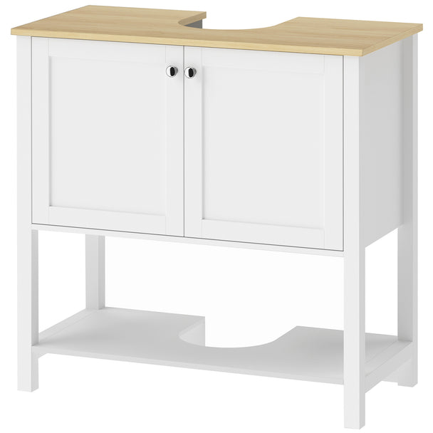 White under-sink bathroom cabinet with oak-toned top, two doors, open shelf and U-shaped pedestal cut-out