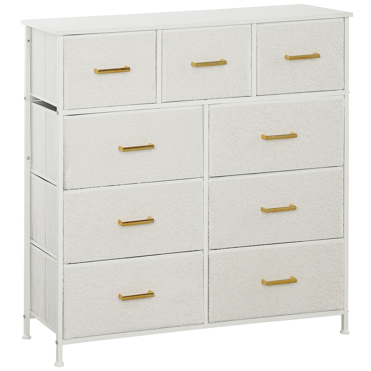 Cream boucle chest of nine fabric drawers with gold-tone handles