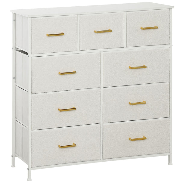 Cream boucle chest of nine fabric drawers with gold-tone handles