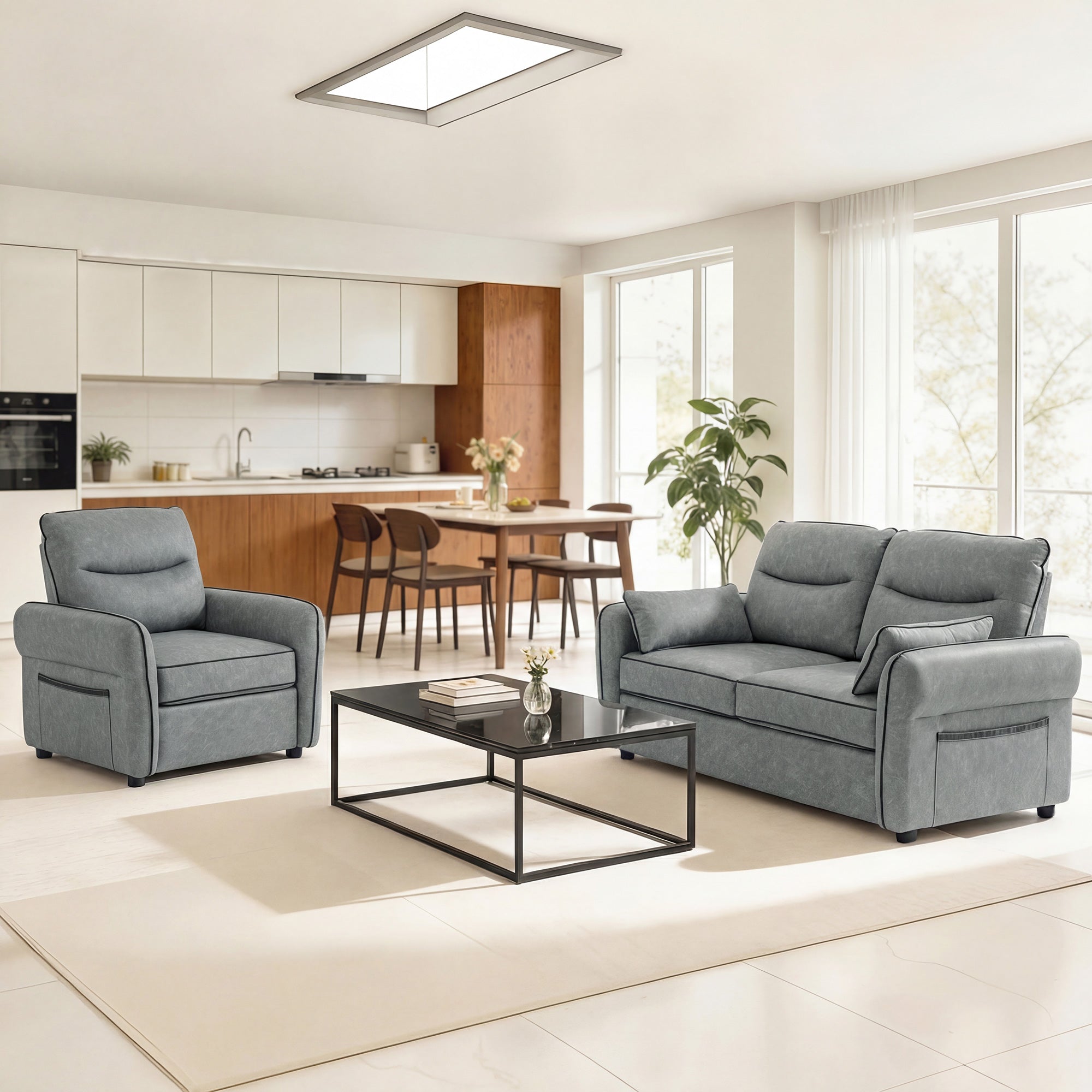 2 Seater Sofa, Faux Leather Loveseat - Grey