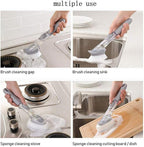 Multifunctional cleaning brush used on stove, sink, cutting board, and dish.