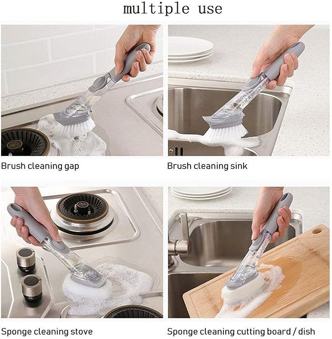 Multifunctional cleaning brush used on stove, sink, cutting board, and dish.