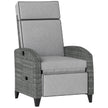Grey rattan garden recliner chair with light grey cushions, footrest and side tray