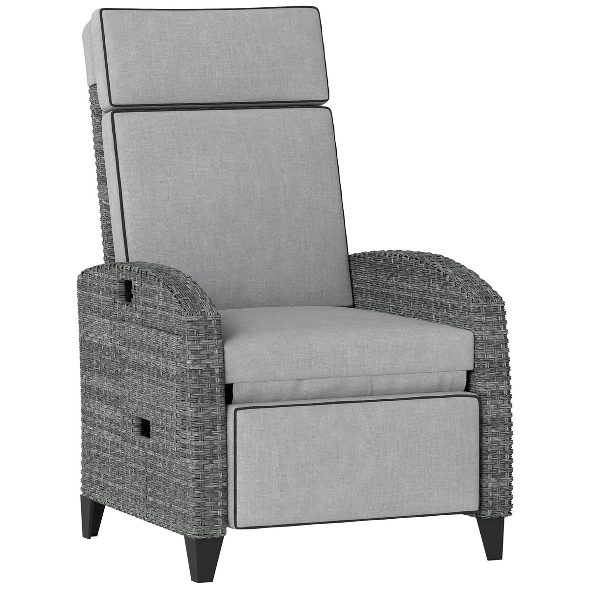Grey rattan garden recliner chair with light grey cushions, footrest and side tray