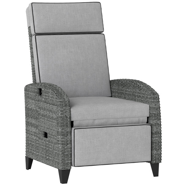 Grey rattan garden recliner chair with light grey cushions, footrest and side tray
