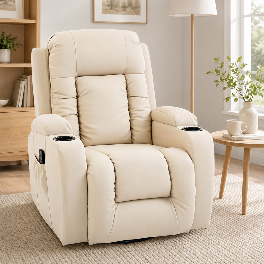 PU Leather Recliner Chair, Recliner Armchair with Extended Footrest, Cup Holders and Side Pockets, Cream