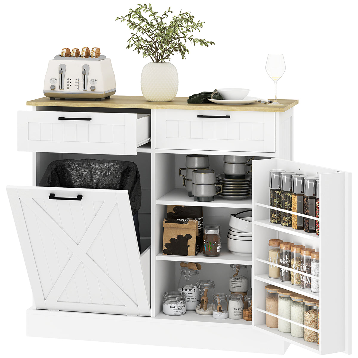 HOMCOM Sideboard with Tilt-out Trash Bin, Farmhouse Kitchen Sideboard with 2 Drawers, Adjustable Shelves, Door Racks