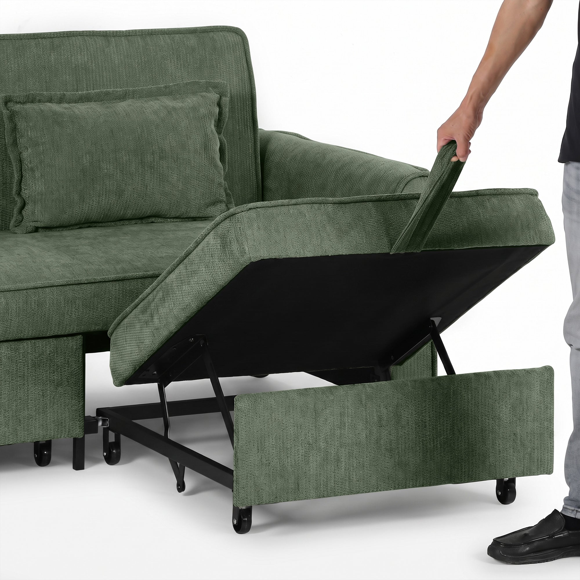 2 Seater Sofa Bed, 4-in-1 L-Shaped Convertible Pull-Out Sleeper Sofa with Adjustable Backrest Side Pockets, Dark Green