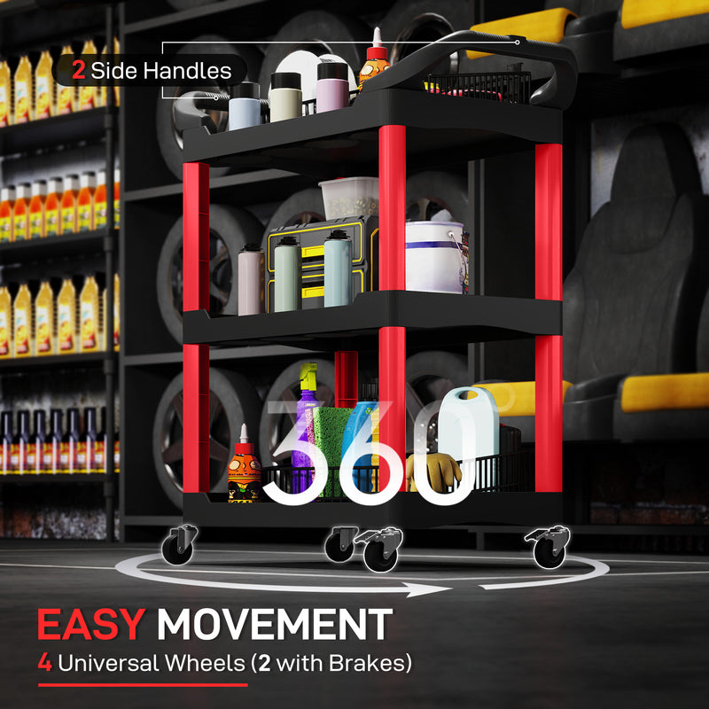 3-Tier Rolling Tool Trolley with Handles, 91kg Capacity – Black/Red – image 5 of 9
