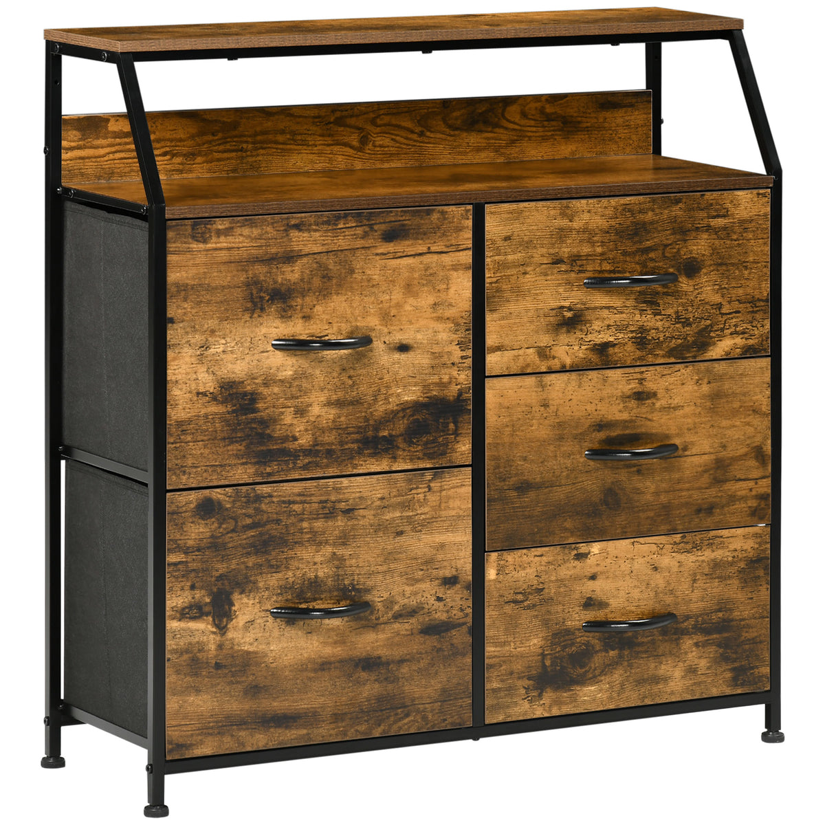 Wide rustic brown and black industrial storage unit with five fabric drawers and open shelf