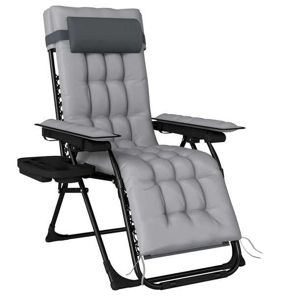 Light grey folding zero gravity garden chair with cushion, headrest, arm pads and side tray