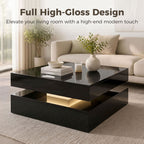 LED Coffee Table with Storage, 2-Tier Modern Centre Table with Open Shelf and Remote for Living Room, High Gloss Black