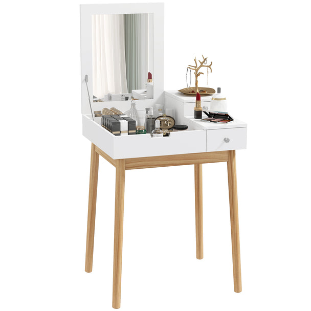 White flip-top dressing table with mirror, two drawers and pine legs