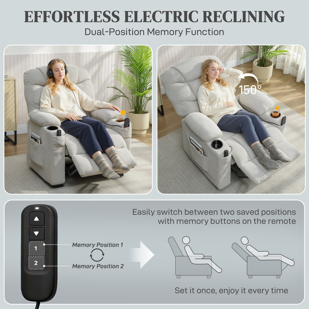 Electric Massage Recliner Armchair with Vibration, Heat, Whisper-Quiet Motor, Memory Function, Fleece Power Reclining Chair with Spring Pack, USB Port, Footrest, Side Pocket, Grey
