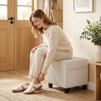 Small Ottoman, Square Footstool with Side Pocket, Rubber Wood Legs and Padded Seat for Living Room, Beige