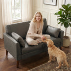 2 Seater Sofa, 132 cm Modern Small Sofa with Solid Wood Legs and 2 Pillows for Small Space, Grey